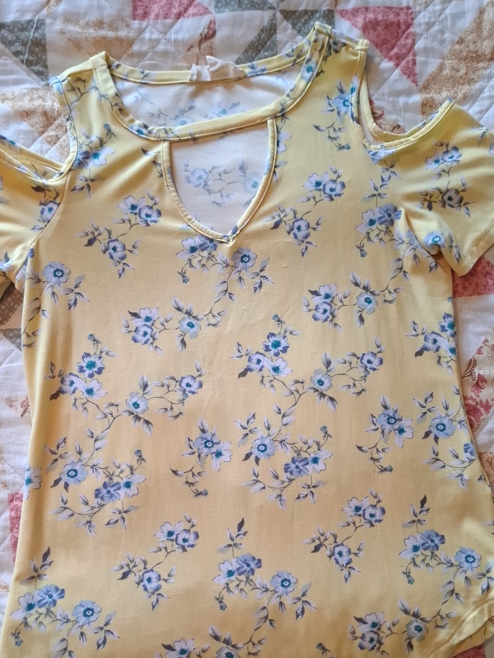 Women's Yellow Floral Cold-Shoulder V-Notch Tee